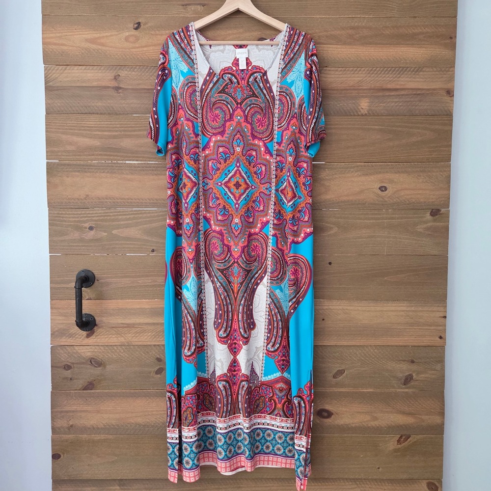 Chico's Maxi Dress Multicolor Paisley V-Neck Side Slit Womens Size 3P